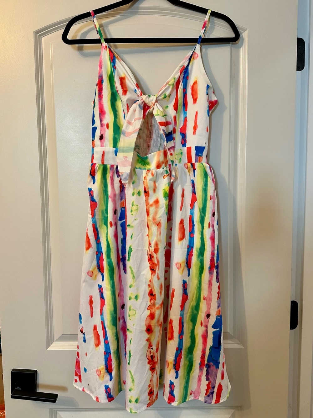 White Multicolor Striped Tie-Front Sleeveless Dress